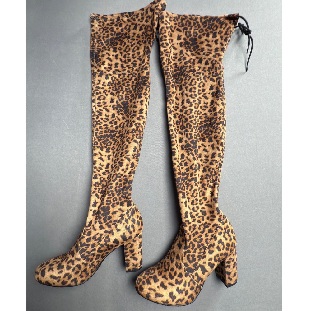 Buckle Leopard Print Over the Knee Boots Block Heel Drawstring‎ Women's 7.5